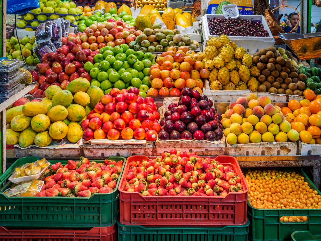 Crates of fruit at an open market